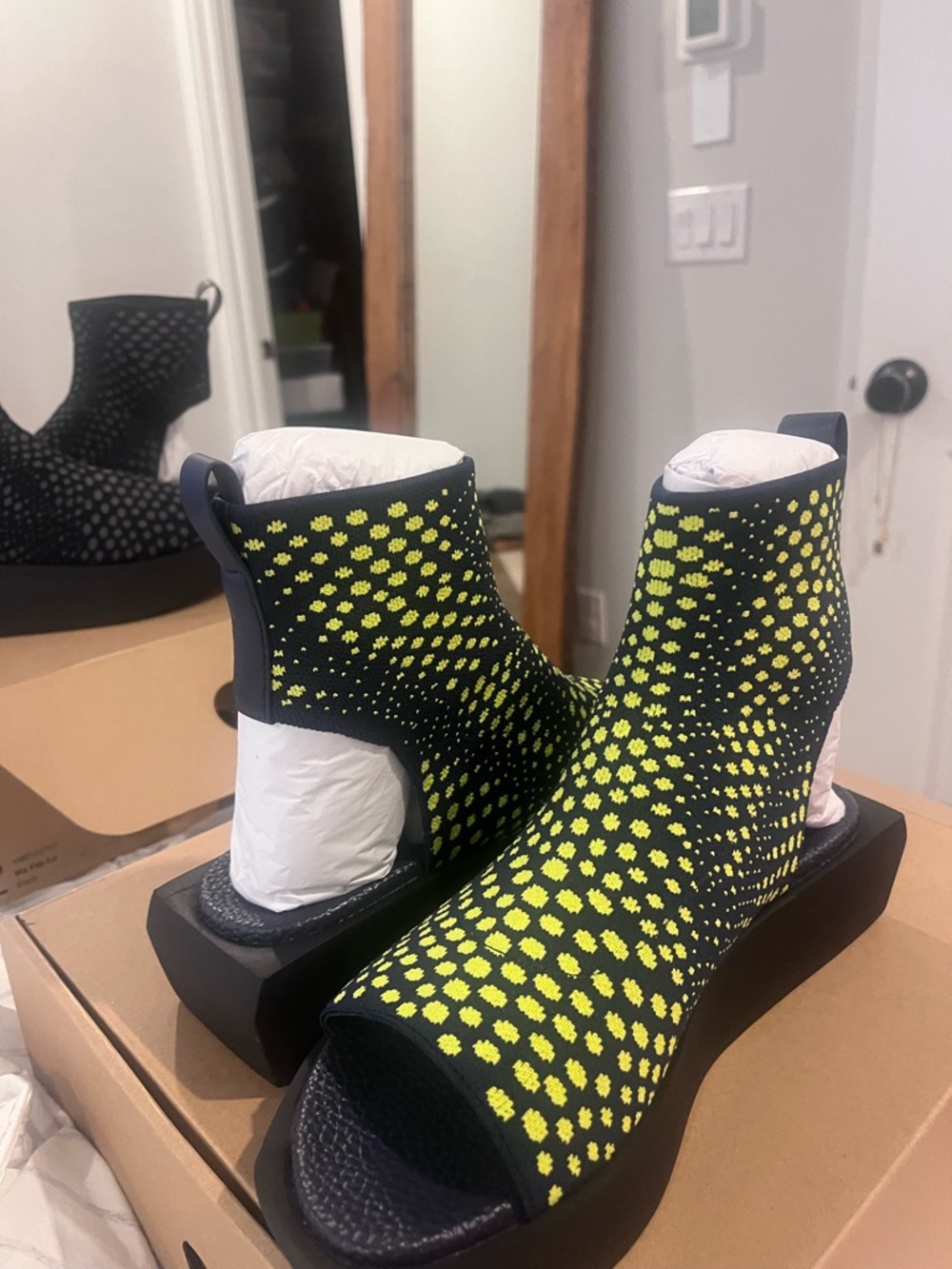 United Nude Navy and Neon Yellow Green Knit Peep-Toe Platform Booties